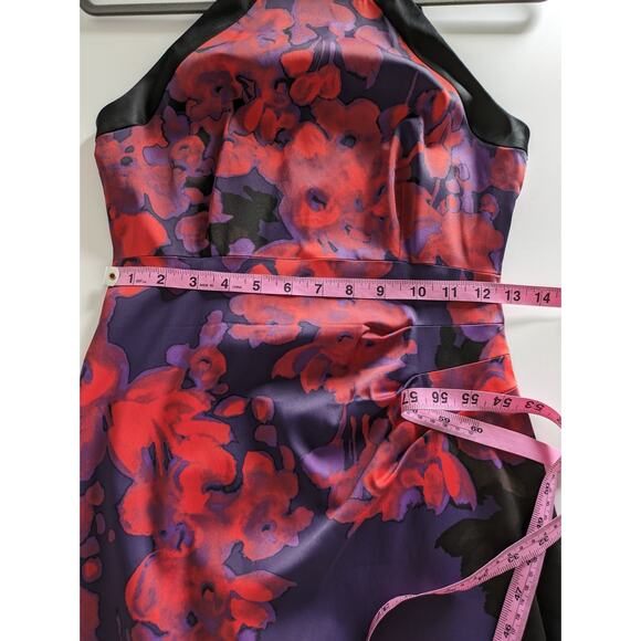 Karen Millen Dress Halter Floral Satin Cocktail Purple Red Black Designer Size 6 - Picture 12 of 13